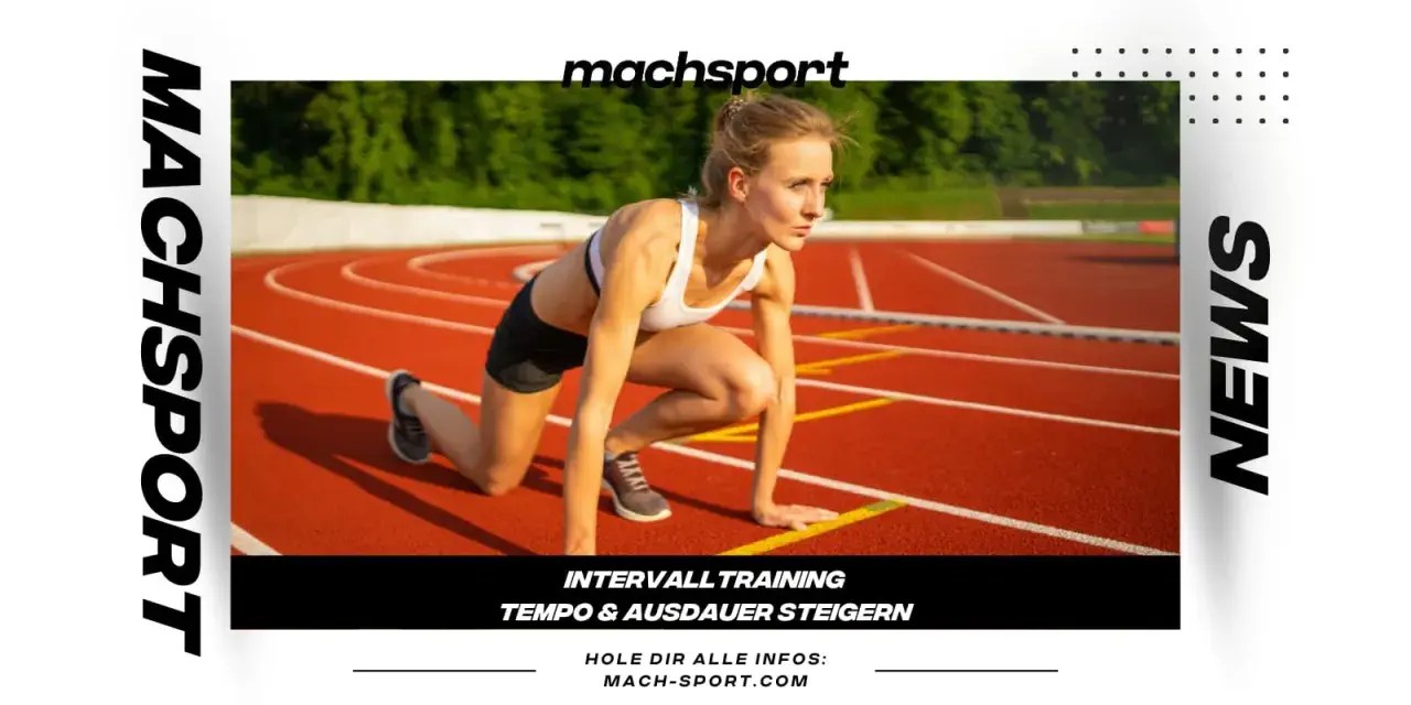Läuferin in Startposition auf einer Laufbahn, bereit für lange strides. Intervalltraining für Tempo und Ausdauer.