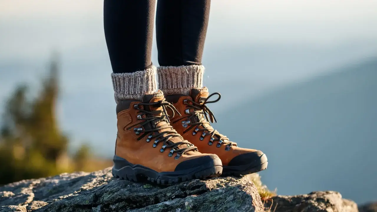 Braune Wanderschuhe mit dicken Schnürsenkeln und Strickstulpen. Die richtige Wahl, welche Socken zum Wandern, ist entscheidend für Komfort.