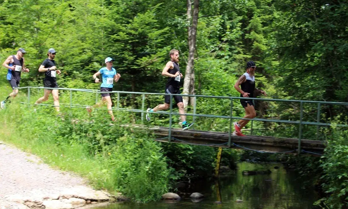 Läufer überqueren eine Brücke beim x trail breitnau.