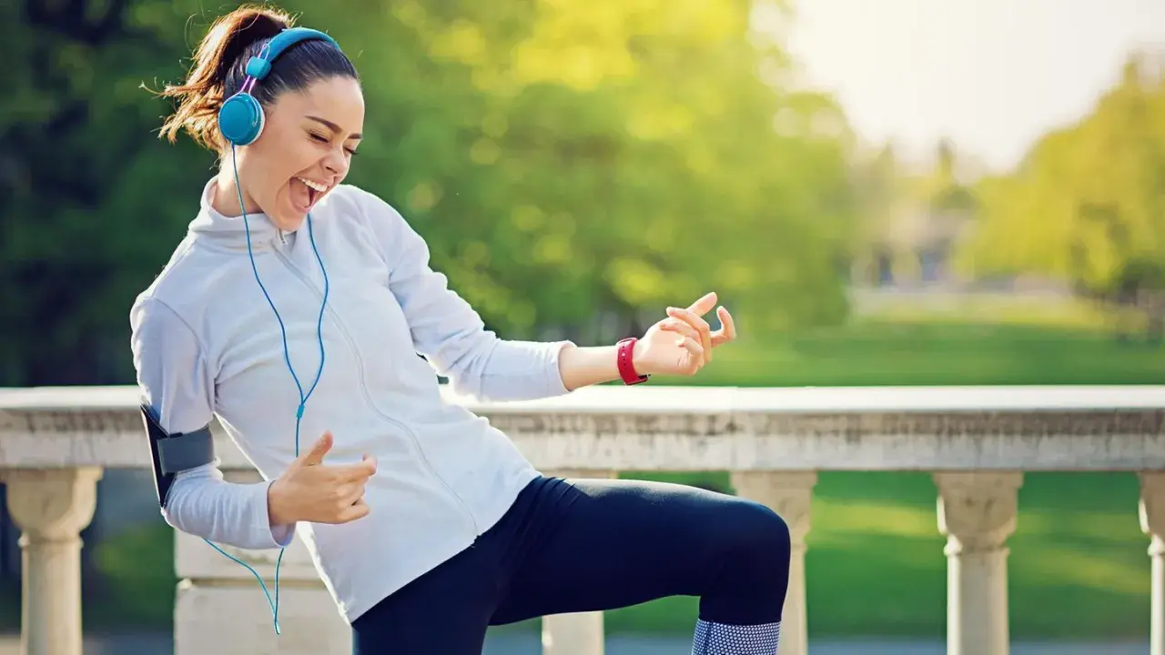 Frau mit Kopfhörern und Handy-Armband spielt Luftgitarre beim Joggen. Die Musik zum Joggen macht sie glücklich.