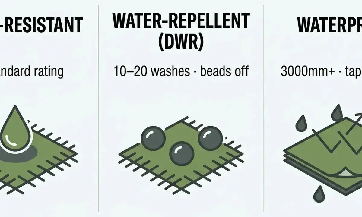 Vergleich von wasserabweisend und wasserdicht. Links: Tropfen perlt ab. Mitte: DWR-Beschichtung, Perlen bleiben auf dem Stoff. Rechts: Wasserdicht, Schichten mit versiegelten Nähten.