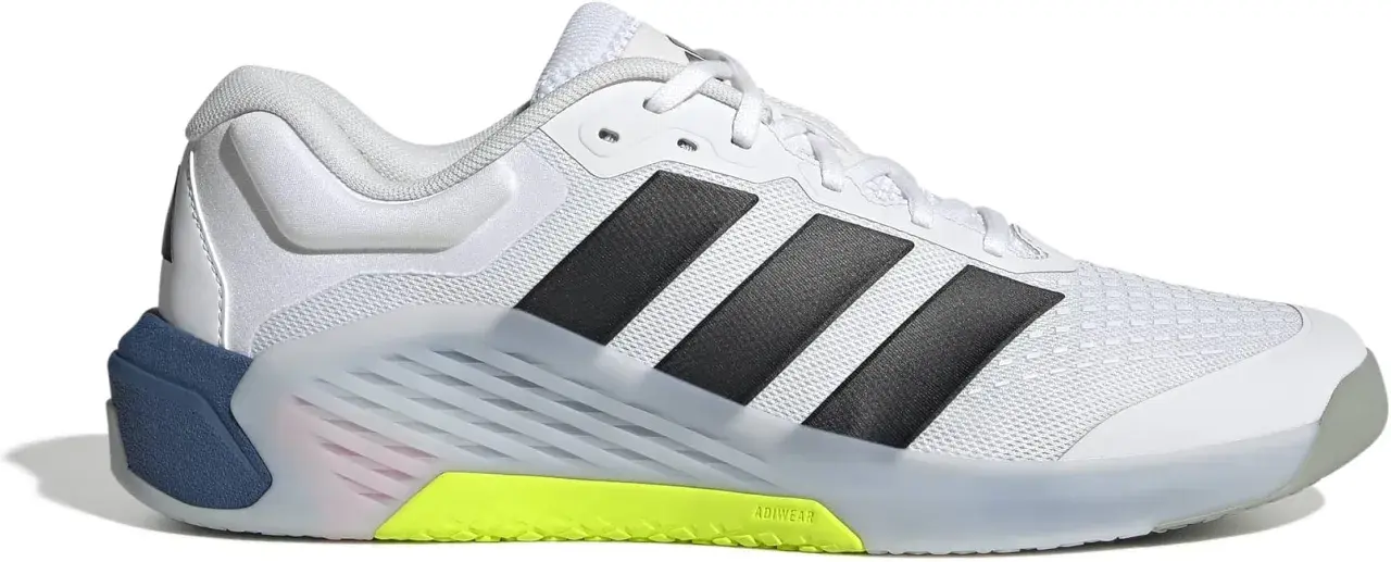 Weißer Trainingsschuh mit schwarzen Streifen, neon-gelber Sohle und blauem Fersen-Detail. Der adidas dropset 4 ist bereit für dein Workout.
