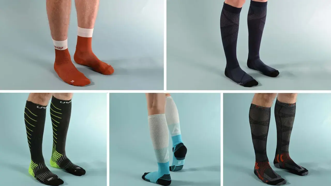 Verschiedene Kompressionssocken für das Laufen, von kurz bis knielang, in diversen Farben und Designs.