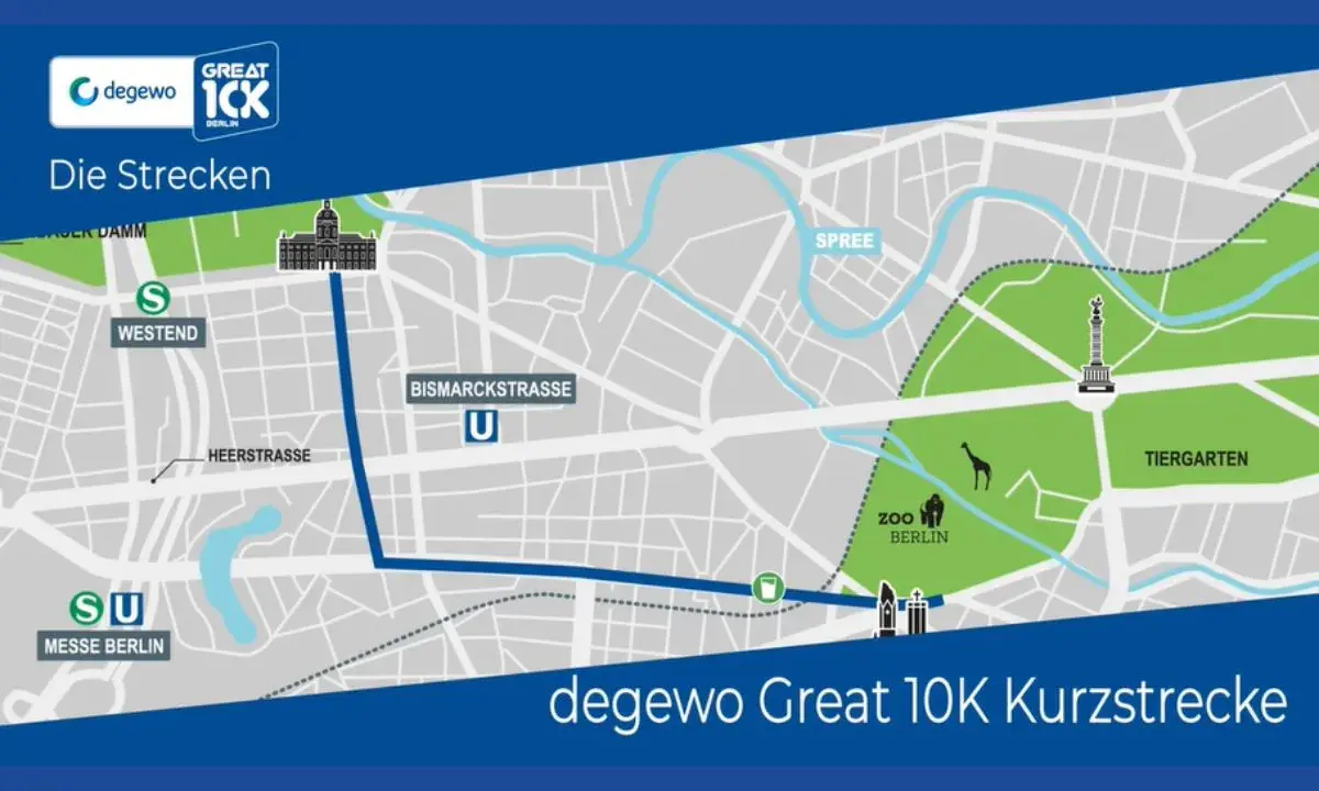 Karte der 10 km lauf berlin strecke: Start am Messe Berlin, vorbei am Zoo und durch den Tiergarten.
