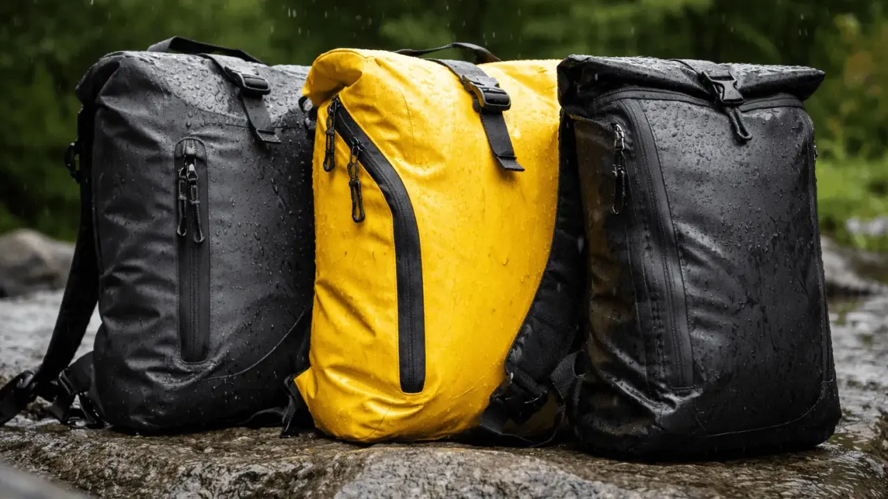 Drei wasserdichte Rucksäcke mit PU-Beschichtung stehen im Regen auf Felsen. Einer ist gelb, die anderen beiden schwarz.