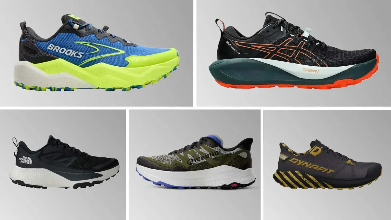 Fünf verschiedene **Trailrunning Schuhe** in lebendigen Farben und Designs, bereit für jedes Abenteuer im Gelände.