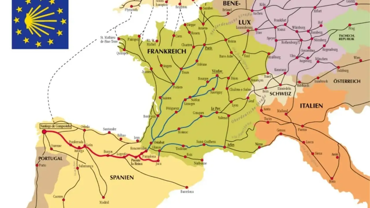 Karte zeigt Jakobuswege in Europa, mit Routen durch Frankreich, Spanien, Portugal, Italien, Schweiz, Deutschland und Österreich. Alternative Routen sind eingezeichnet.