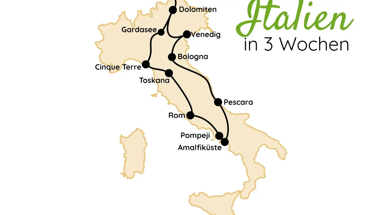 Karte von Italien mit markierten Orten für Fernwanderwege: Dolomiten, Gardasee, Venedig, Bologna, Cinque Terre, Toskana, Rom, Pompeji, Amalfiküste, Pescara.
