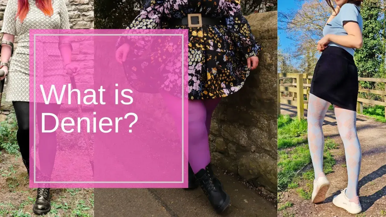 Drei Frauen in bunten Strumpfhosen und Kleidern. Die Frage "What is Denier?" wird gestellt, um die Bedeutung von Denier zu erklären.