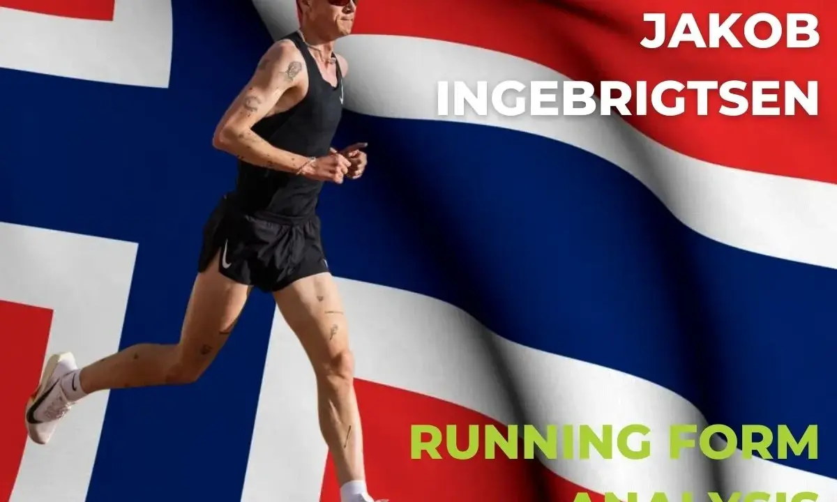 Jakob Ingebrigtsen, der norwegische Läufer, in Aktion vor der norwegischen Flagge. Analyse seiner Lauftechnik.