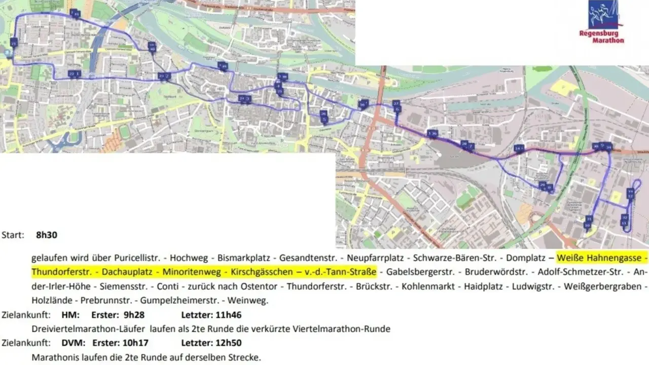 Streckenplan des Regensburg Marathon mit den Routen für HM, DVM und MT.