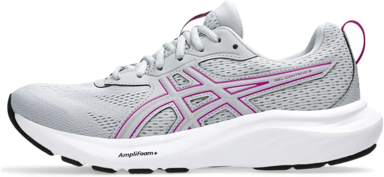 Grauer Damen-Laufschuh Asics Gel-Contend 9 mit pinken Akzenten und weißer Sohle.