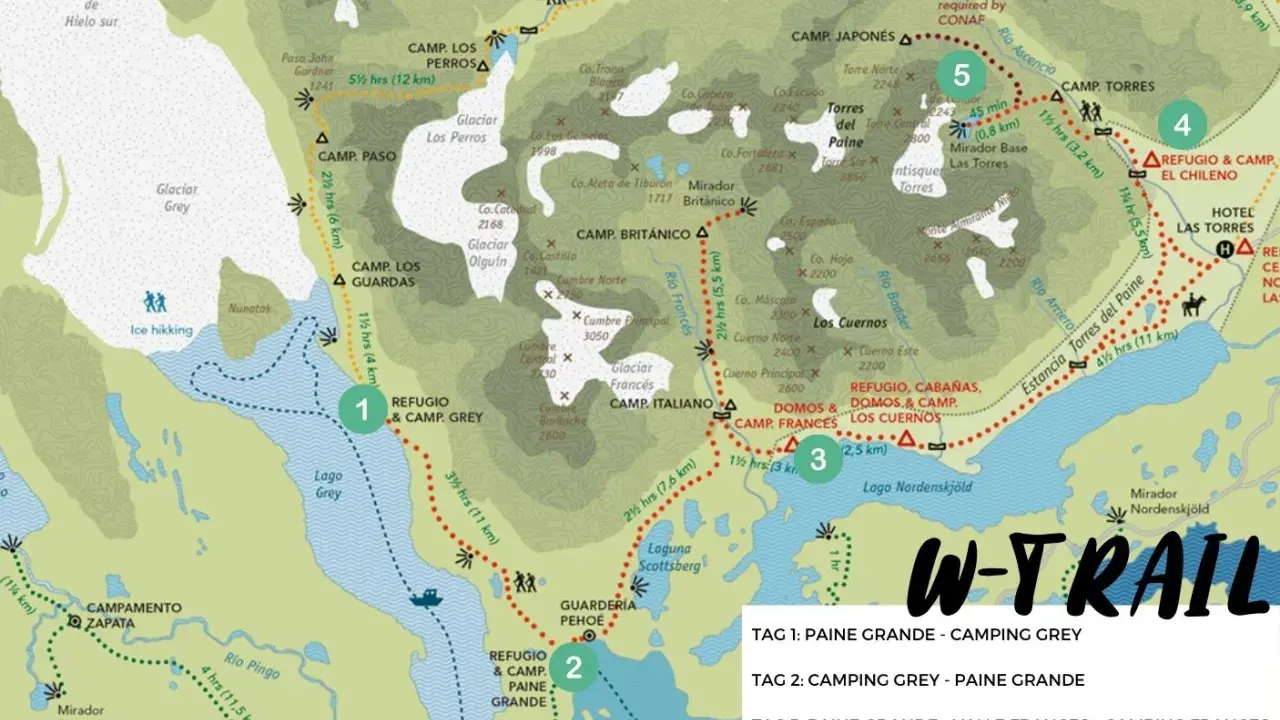 Karte zeigt Wanderwege in Patagonien, mit Stationen wie Refugio & Camp. Grey und Lago Grey.