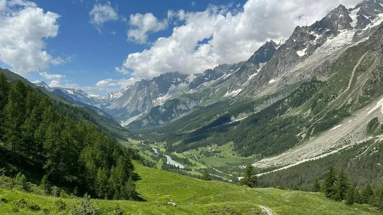 Grüne Almwiesen und Nadelwälder säumen das Tal auf einer Montblanc Tour. Majestätische Berge mit Schneefeldern ragen in den blauen Himmel.