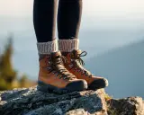 Braune Wanderschuhe mit dicken Schnürsenkeln und Strickstulpen. Die richtige Wahl, welche Socken zum Wandern, ist entscheidend für Komfort.
