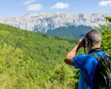 Mann mit Rucksack beim Karpaten Wandern, blickt durch Fernglas auf bewaldete Hänge und felsige Gipfel.