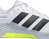 Weißer Trainingsschuh mit schwarzen Streifen, neon-gelber Sohle und blauem Fersen-Detail. Der adidas dropset 4 ist bereit für dein Workout.
