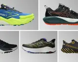 Fünf verschiedene **Trailrunning Schuhe** in lebendigen Farben und Designs, bereit für jedes Abenteuer im Gelände.