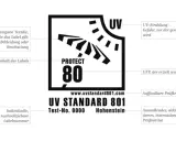 UV STANDARD 801 Label erklärt die UPF 50+ Bedeutung: Schutz vor UV-Strahlung für Textilien wie Kleidung und Beschattung.