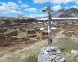 Wanderwegweiser im Rondane Nationalpark, mit grasbewachsenen Hütten und schneebedeckten Bergen im Hintergrund.