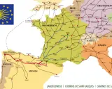 Karte zeigt Jakobuswege in Europa, mit Routen durch Frankreich, Spanien, Portugal, Italien, Schweiz, Deutschland und Österreich. Alternative Routen sind eingezeichnet.