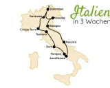 Karte von Italien mit markierten Orten für Fernwanderwege: Dolomiten, Gardasee, Venedig, Bologna, Cinque Terre, Toskana, Rom, Pompeji, Amalfiküste, Pescara.