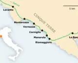 Karte zeigt die Cinque Terre Anreise von Genua über Levanto, Monterosso, Vernazza, Corniglia, Manarola bis La Spezia.