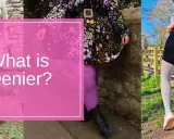 Drei Frauen in bunten Strumpfhosen und Kleidern. Die Frage "What is Denier?" wird gestellt, um die Bedeutung von Denier zu erklären.