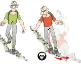 Ein Wanderer auf einem steilen trail, der das Gleichgewicht verliert und stürzt. Der Schwerpunkt verschiebt sich, was zum Sturz führt.