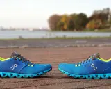 Zwei blaue Laufschuhe, Modell Cloud X4 Damen, stehen auf einem gepflasterten Weg. Im Hintergrund ein See und Bäume.