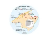 Karte zeigt den fernwanderweg Mallorca mit den Routen GR 221 und GR 222, die Orte wie Palma, Port d'Andratx und Port de Pollença verbinden.