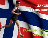 Jakob Ingebrigtsen, der norwegische Läufer, in Aktion vor der norwegischen Flagge. Analyse seiner Lauftechnik.