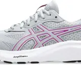Grauer Damen-Laufschuh Asics Gel-Contend 9 mit pinken Akzenten und weißer Sohle.