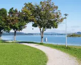 Ein Kiesweg führt am Ufer entlang, Bäume säumen den Panoramaweg Füssen. Blauer See und sanfte Hügel im Hintergrund.