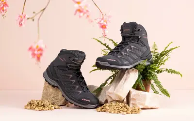 Zwei schwarze Wanderschuhe von LOWA, auf Steinen und Kies arrangiert, mit zarten rosa Blüten und Farn im Hintergrund.