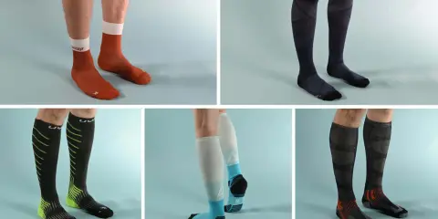 Verschiedene Kompressionssocken für das Laufen, von kurz bis knielang, in diversen Farben und Designs.