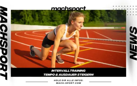Läuferin in Startposition auf einer Laufbahn, bereit für lange strides. Intervalltraining für Tempo und Ausdauer.