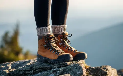 Braune Wanderschuhe mit dicken Schnürsenkeln und Strickstulpen. Die richtige Wahl, welche Socken zum Wandern, ist entscheidend für Komfort.
