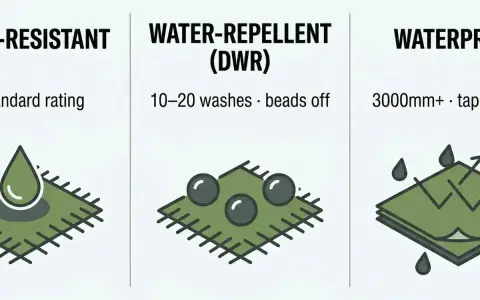 Vergleich von wasserabweisend und wasserdicht. Links: Tropfen perlt ab. Mitte: DWR-Beschichtung, Perlen bleiben auf dem Stoff. Rechts: Wasserdicht, Schichten mit versiegelten Nähten.