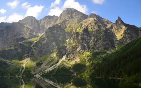 Majestätische Berge im Tatra Gebirge laden zum Wandern ein. Ein ruhiger See spiegelt die felsigen Hänge und den blauen Himmel wider.