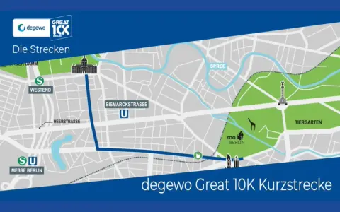 Karte der 10 km lauf berlin strecke: Start am Messe Berlin, vorbei am Zoo und durch den Tiergarten.