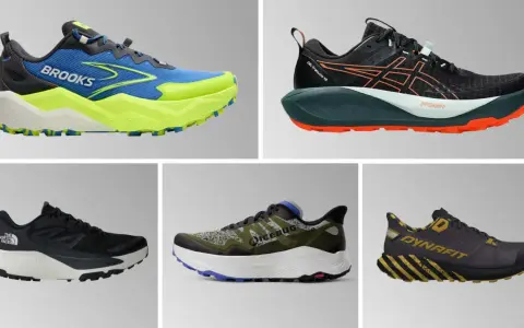 Fünf verschiedene **Trailrunning Schuhe** in lebendigen Farben und Designs, bereit für jedes Abenteuer im Gelände.