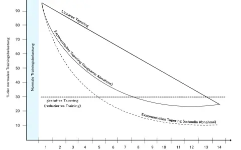 Diagramm zeigt drei Tapering-Methoden: linear, exponentiell (langsam/schnell) und gestuft. Ideal für die Vorbereitung auf einen Halbmarathon.
