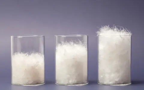 Drei Gläser zeigen die Füllkraft von Daunen. Das rechte Glas mit 600 cuin Füllkraft ist am vollsten und verspricht beste Temperaturisolierung.