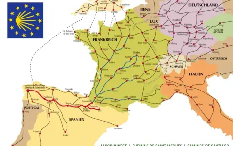 Karte zeigt Jakobuswege in Europa, mit Routen durch Frankreich, Spanien, Portugal, Italien, Schweiz, Deutschland und Österreich. Alternative Routen sind eingezeichnet.