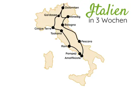 Karte von Italien mit markierten Orten für Fernwanderwege: Dolomiten, Gardasee, Venedig, Bologna, Cinque Terre, Toskana, Rom, Pompeji, Amalfiküste, Pescara.