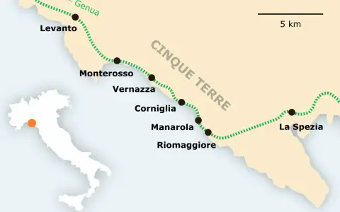 Karte zeigt die Cinque Terre Anreise von Genua über Levanto, Monterosso, Vernazza, Corniglia, Manarola bis La Spezia.