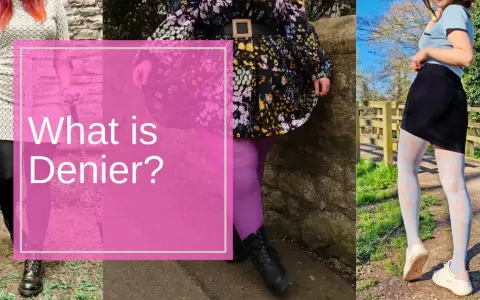 Drei Frauen in bunten Strumpfhosen und Kleidern. Die Frage "What is Denier?" wird gestellt, um die Bedeutung von Denier zu erklären.