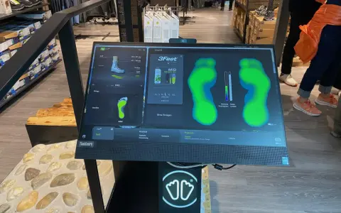 Bildschirm zeigt eine Laufschuh Analyse mit Fußabdrücken und Druckpunkten. Die Software "Smartfit" hilft bei der Auswahl des passenden Schuhs.