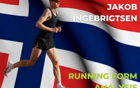 Jakob Ingebrigtsen, der norwegische Läufer, in Aktion vor der norwegischen Flagge. Analyse seiner Lauftechnik.
